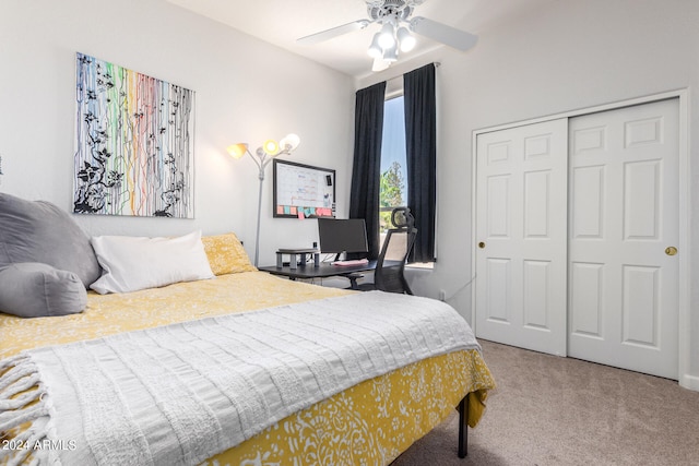 bedroom featuring ceiling fan, carpet floors, and a closet