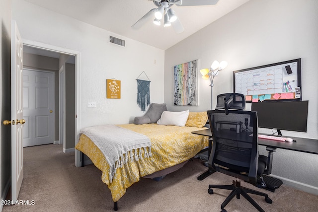 bedroom with carpet flooring, ceiling fan, and lofted ceiling