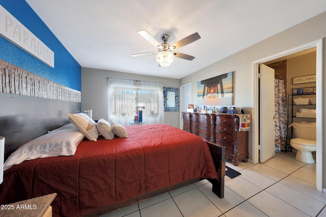 bedroom featuring light tile patterned flooring and a ceiling fan