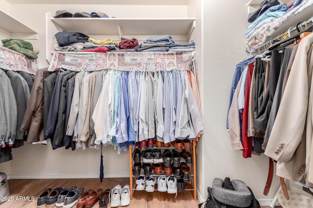 walk in closet with wood finished floors