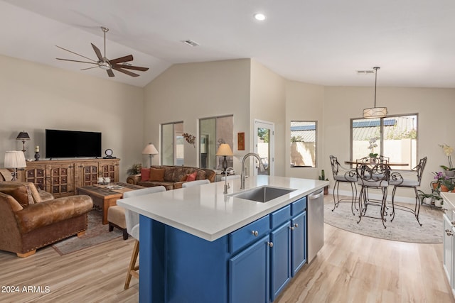 kitchen featuring blue cabinetry, light hardwood / wood-style flooring, sink, and plenty of natural light