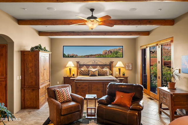 30 Paraiso Corte, Sedona, AZ 86351 - bedroom with beam ceiling, access to exterior, and arched walkways