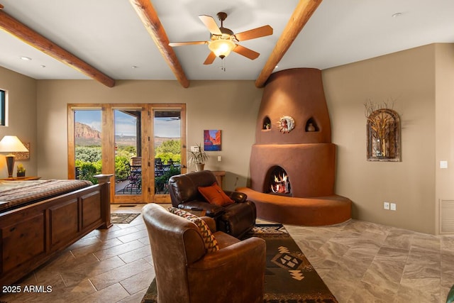 30 Paraiso Corte, Sedona, AZ 86351 - bedroom featuring access to outside, beamed ceiling, and a ceiling fan