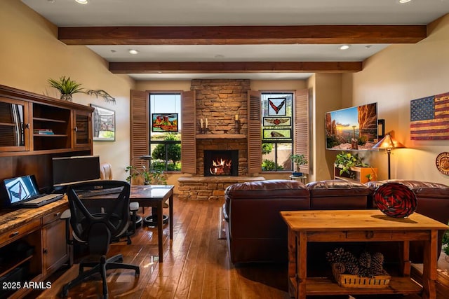 30 Paraiso Corte, Sedona, AZ 86351 - living area featuring wood-type flooring, an office area, beamed ceiling, a fireplace, and recessed lighting