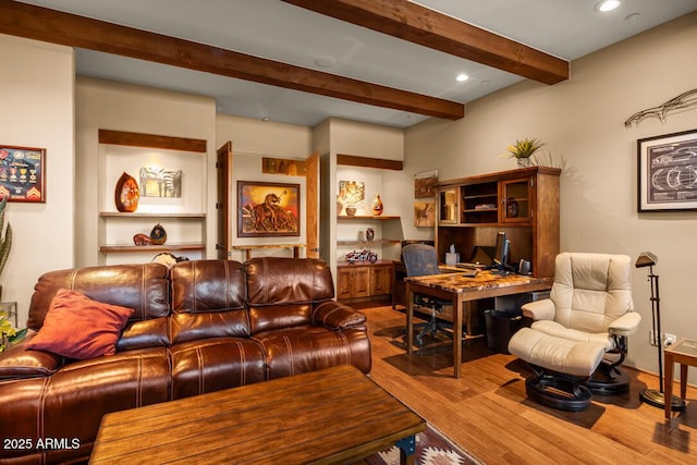 30 Paraiso Corte, Sedona, AZ 86351 - living area with wood finished floors, beam ceiling, a desk, and recessed lighting