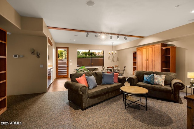 30 Paraiso Corte, Sedona, AZ 86351 - living area with light carpet, rail lighting, a chandelier, and recessed lighting