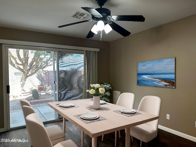 dining area featuring visible vents, baseboards, wood finished floors, and a ceiling fan