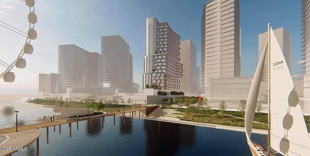 property's view of city featuring a water view