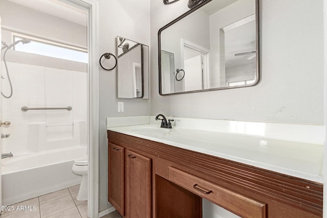 full bathroom with toilet, vanity, tub / shower combination, and tile patterned floors