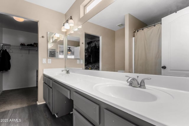 bathroom with vanity and hardwood / wood-style flooring