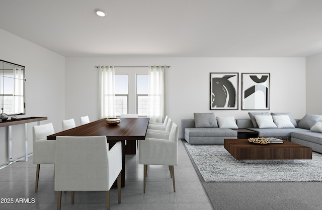 tiled living room with recessed lighting