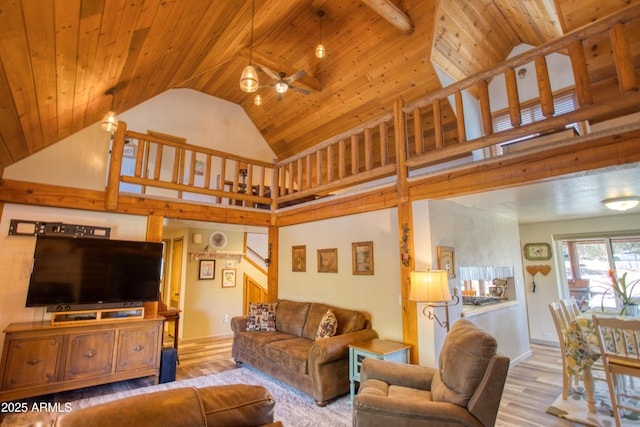 living room featuring wood finished floors, a ceiling fan, baseboards, high vaulted ceiling, and wood ceiling