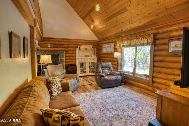 living room with log walls, high vaulted ceiling, wooden ceiling, and wood finished floors