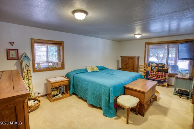 bedroom featuring multiple windows, a textured ceiling, and carpet