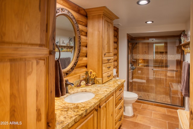 bathroom with toilet, log walls, a shower stall, vanity, and tile patterned floors