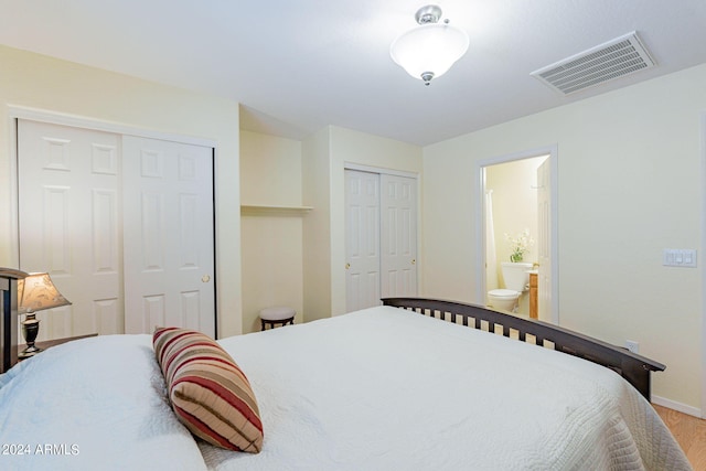 bedroom featuring two closets, wood-type flooring, and ensuite bathroom