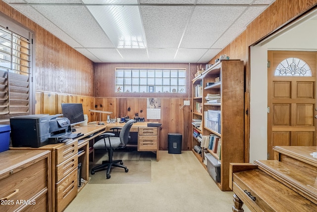 office with light carpet, wood walls, and a drop ceiling