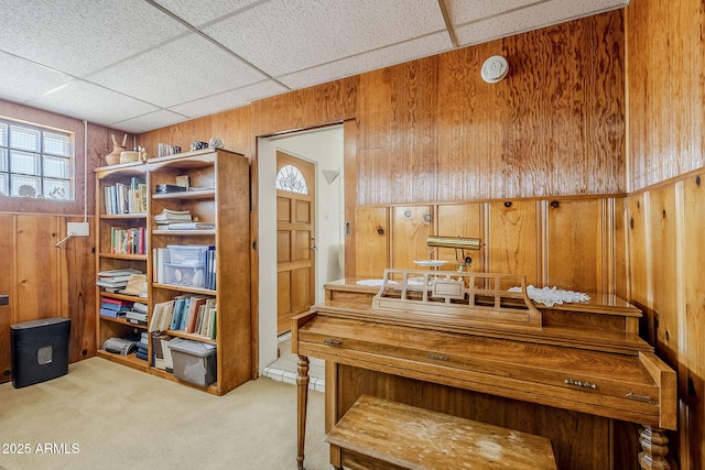 interior space featuring wood walls and a paneled ceiling