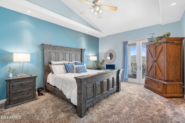 bedroom with access to outside, carpet floors, lofted ceiling, and ceiling fan