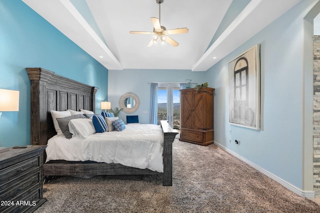 bedroom featuring ceiling fan and carpet