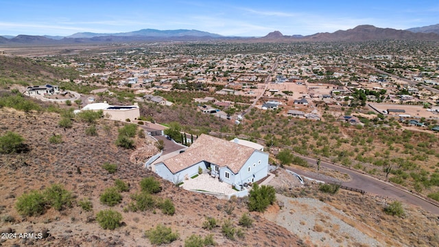 drone / aerial view featuring a mountain view