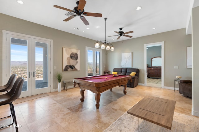 game room featuring french doors, billiards, plenty of natural light, and ceiling fan