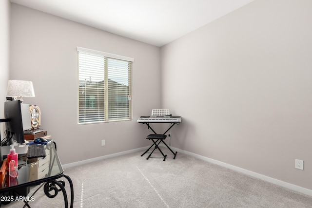 miscellaneous room with light carpet and baseboards