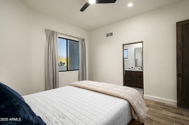 bedroom featuring visible vents, baseboards, recessed lighting, wood finished floors, and a ceiling fan