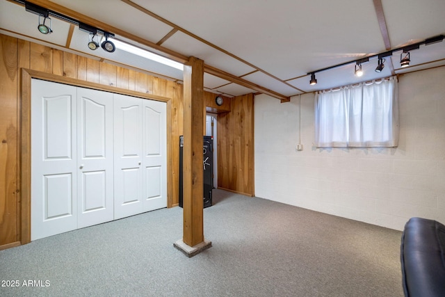 below grade area with carpet floors, concrete block wall, wood walls, and rail lighting