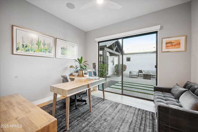 home office featuring ceiling fan and wood-type flooring