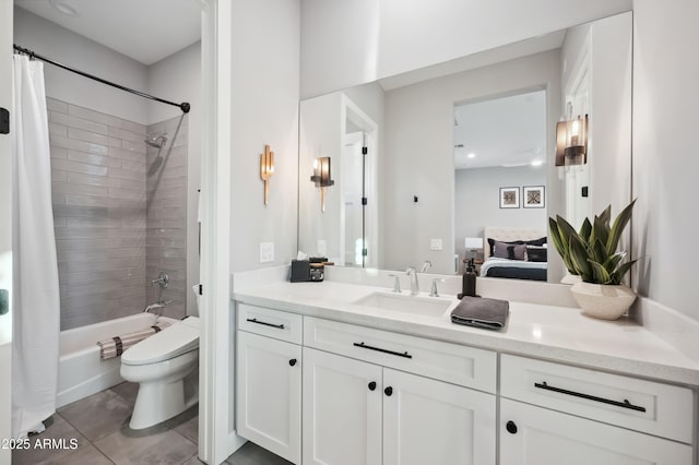 full bathroom with shower / bath combo, vanity, tile patterned floors, and toilet