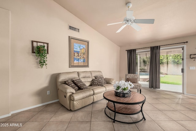 living room featuring visible vents, baseboards, ceiling fan, vaulted ceiling, and light tile patterned floors