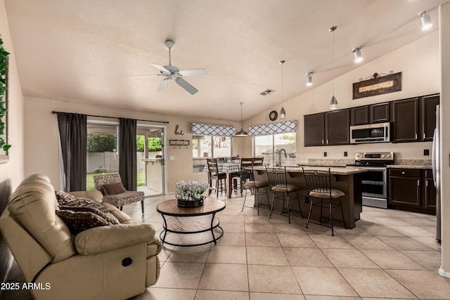 kitchen featuring a kitchen breakfast bar, open floor plan, stainless steel appliances, dark brown cabinetry, and ceiling fan