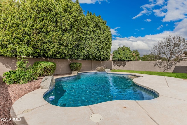 view of swimming pool featuring a fenced in pool, a fenced backyard, and a patio area