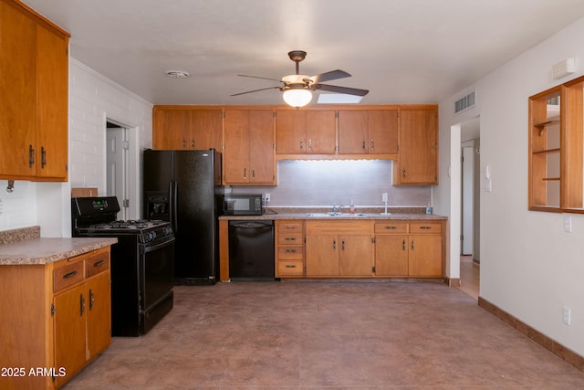 kitchen with visible vents, black appliances, a ceiling fan, light countertops, and baseboards