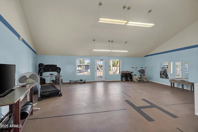 workout area featuring lofted ceiling