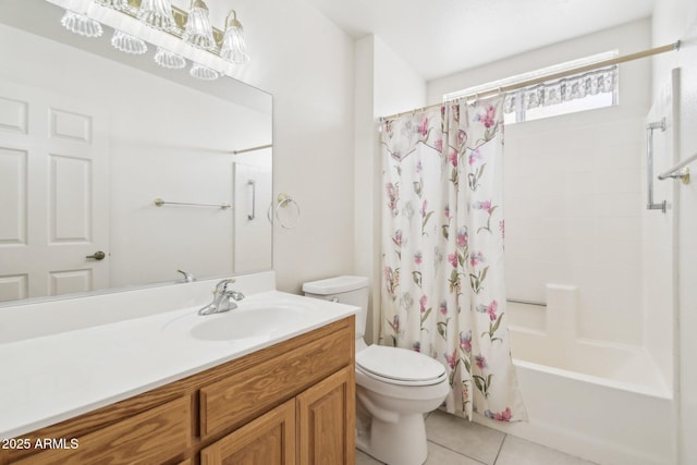 full bath with shower / bath combination with curtain, tile patterned flooring, vanity, and toilet