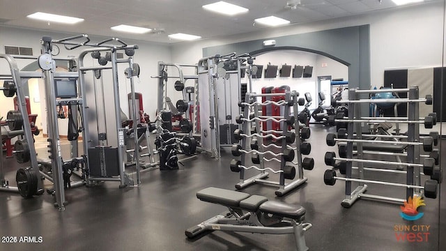 exercise room with a drop ceiling and visible vents