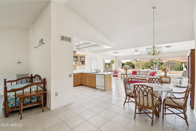 dining space featuring high vaulted ceiling, recessed lighting, visible vents, and light tile patterned floors