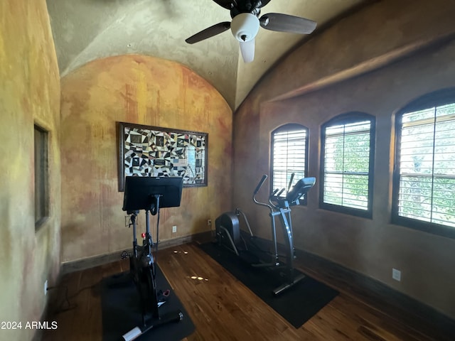 exercise room featuring lofted ceiling, ceiling fan, baseboards, and wood finished floors