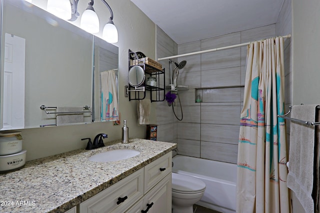 full bathroom featuring vanity, toilet, and shower / tub combo with curtain