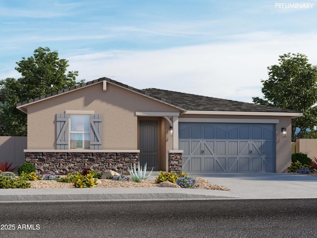 ranch-style home featuring a garage, stone siding, and stucco siding