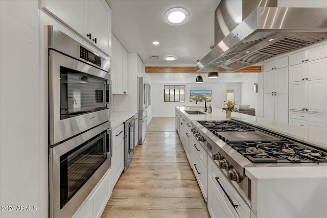 kitchen featuring light hardwood / wood-style floors, white cabinetry, appliances with stainless steel finishes, and ventilation hood