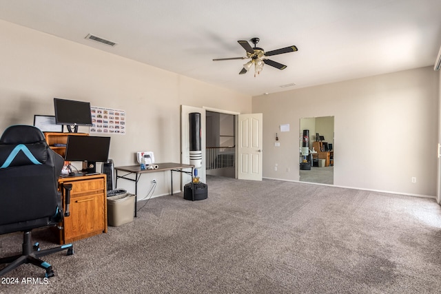 office area featuring ceiling fan and carpet