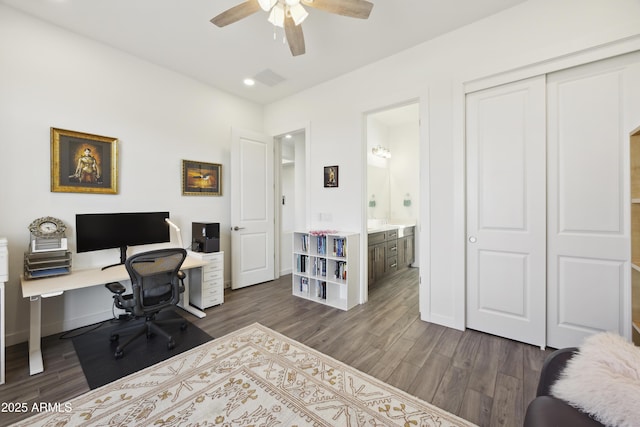 10540 S 32nd Dr, Laveen, AZ 85339 - office area featuring ceiling fan, dark wood-style flooring, baseboards, and recessed lighting