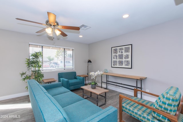 7544 E Mckinley St, Scottsdale, AZ 85257 - living room featuring a ceiling fan, visible vents, wood finished floors, baseboards, and recessed lighting