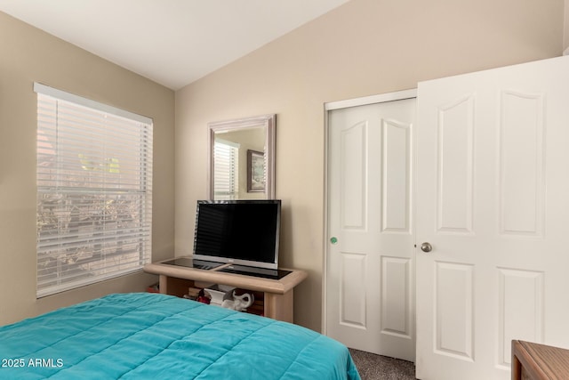 carpeted bedroom with vaulted ceiling and a closet