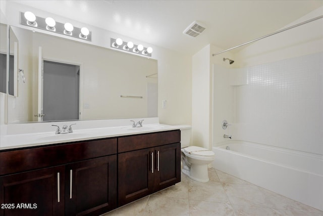 full bathroom featuring vanity, toilet, tub / shower combination, and tile patterned flooring