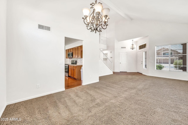 664 E Windsor Dr, Gilbert, AZ 85296 - unfurnished living room featuring carpet floors, a chandelier, high vaulted ceiling, beam ceiling, and baseboards