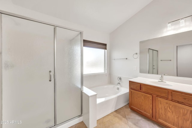 664 E Windsor Dr, Gilbert, AZ 85296 - full bathroom with a shower stall, a bath, vanity, lofted ceiling, and tile patterned flooring